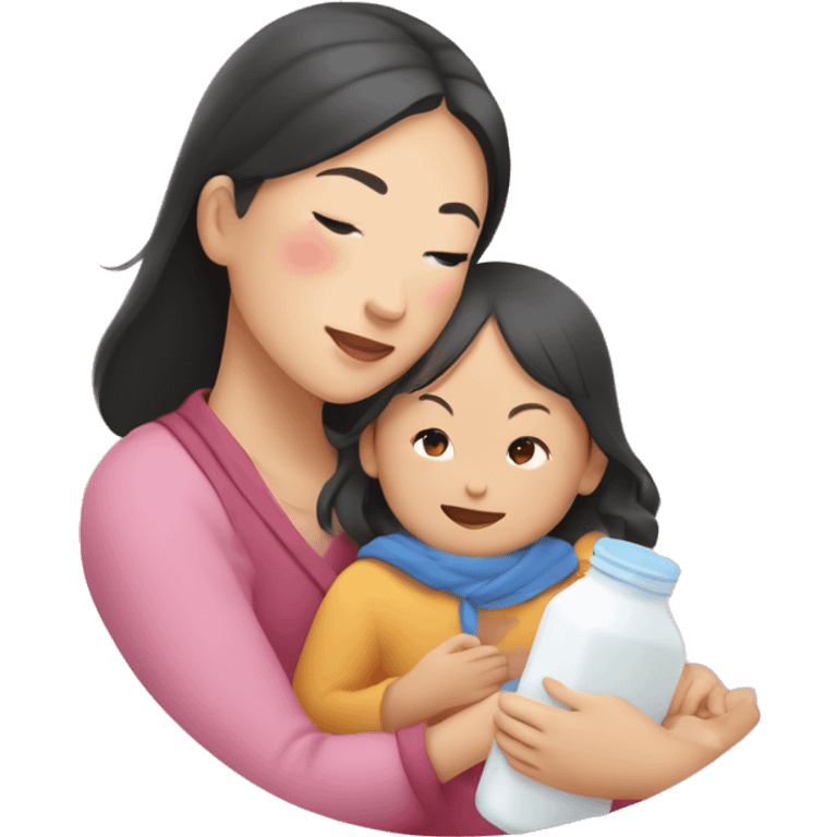 An Asian woman with white skin holds an Asian child in her arms, in her other hand a small bottle of milk, above this woman the word "ANA" is in a semicircle like a rainbow, but pink emoji