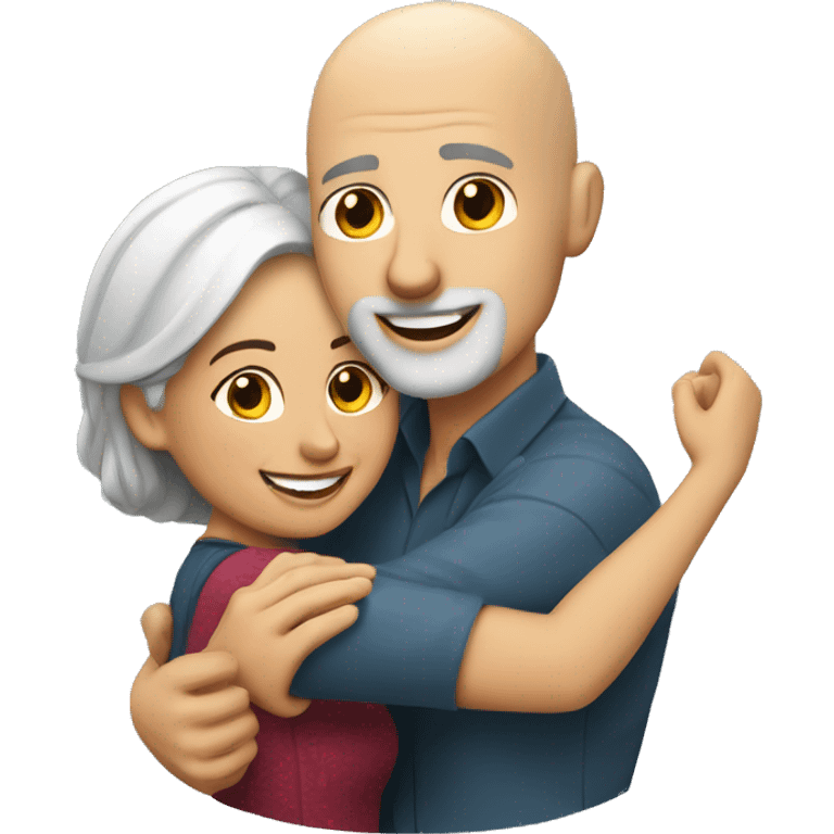 couple hug with warm smiles, white bald man, Mexican woman  emoji