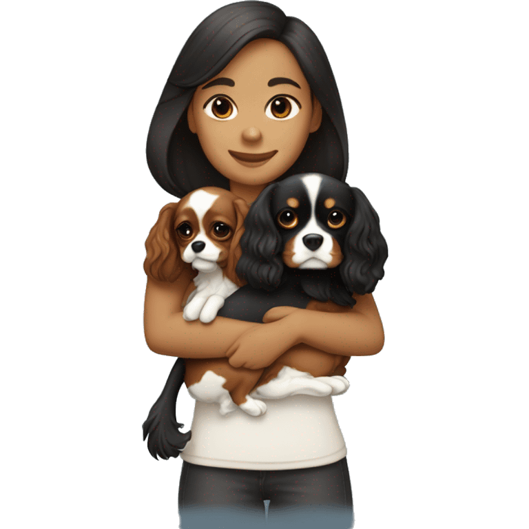 asian girl hugging black and brown cavalier king charles spaniel emoji