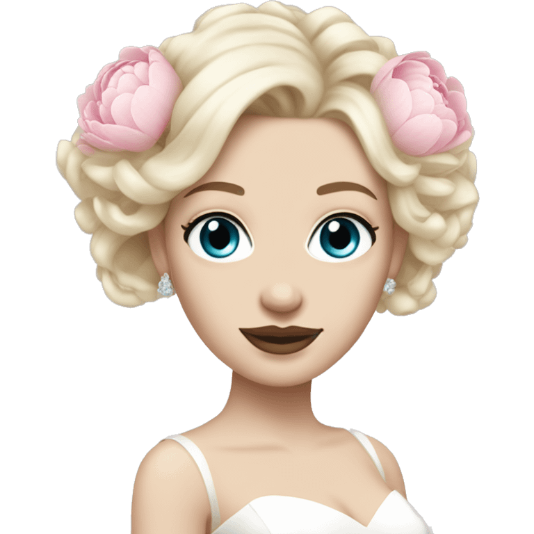 White bride with long light blonde hair and blue eyes with light pink peonies in hair white skin  emoji