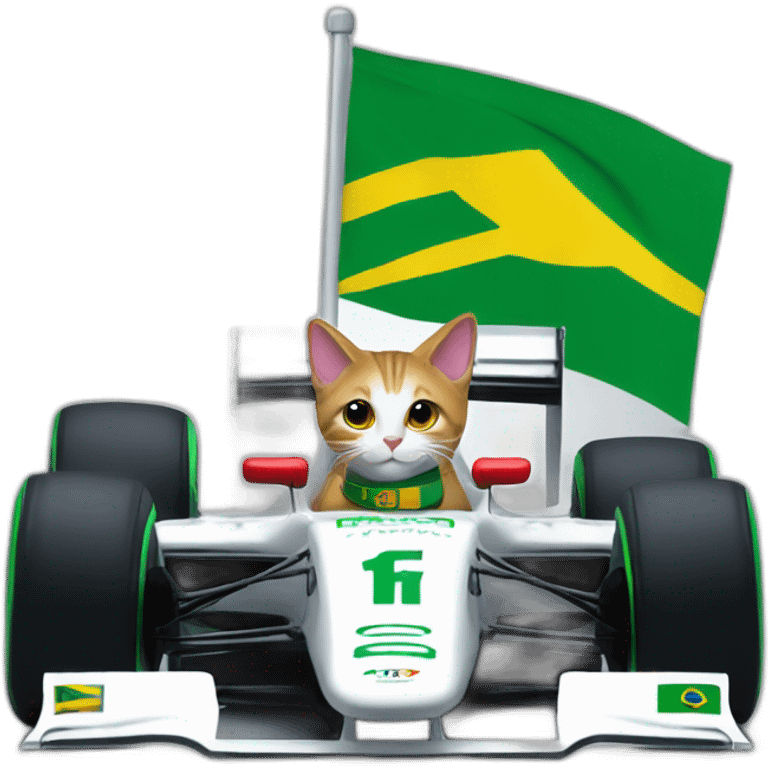 CAT ON A F1 CAR WITH BRAZIL FLAG emoji