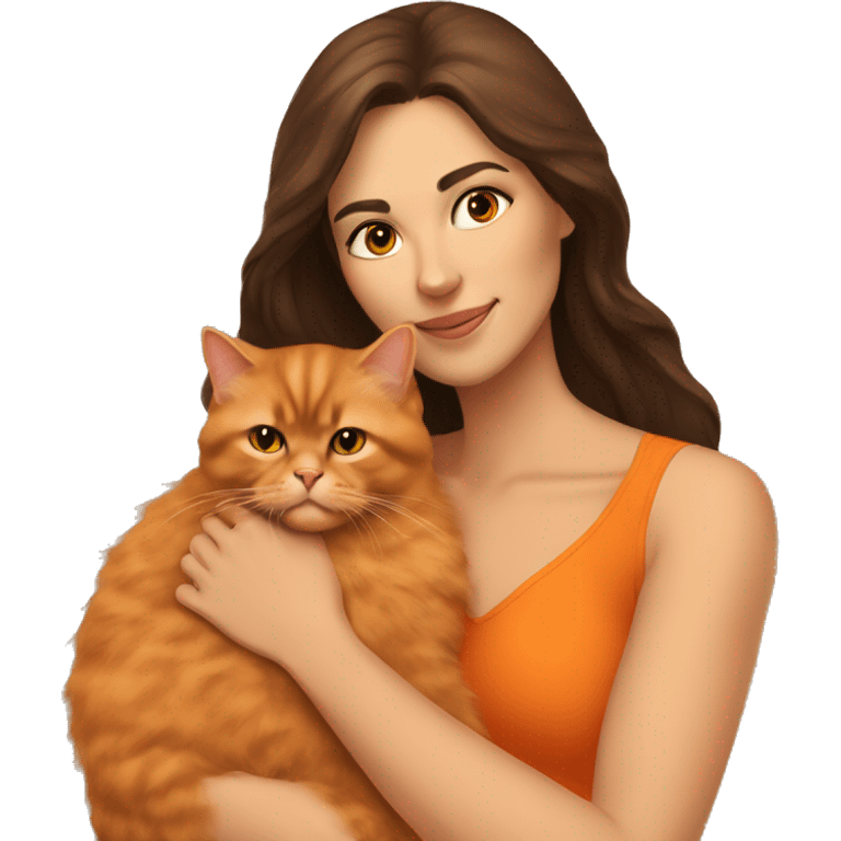 Brunette woman snuggling Orange Persian cat emoji