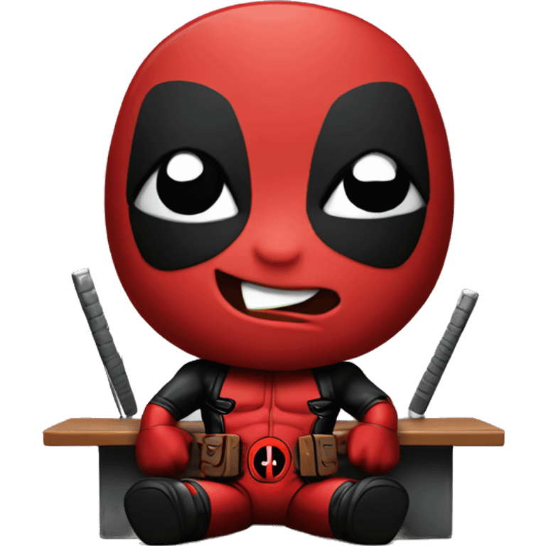 Cute Deadpool sitting at a desk, front view emoji