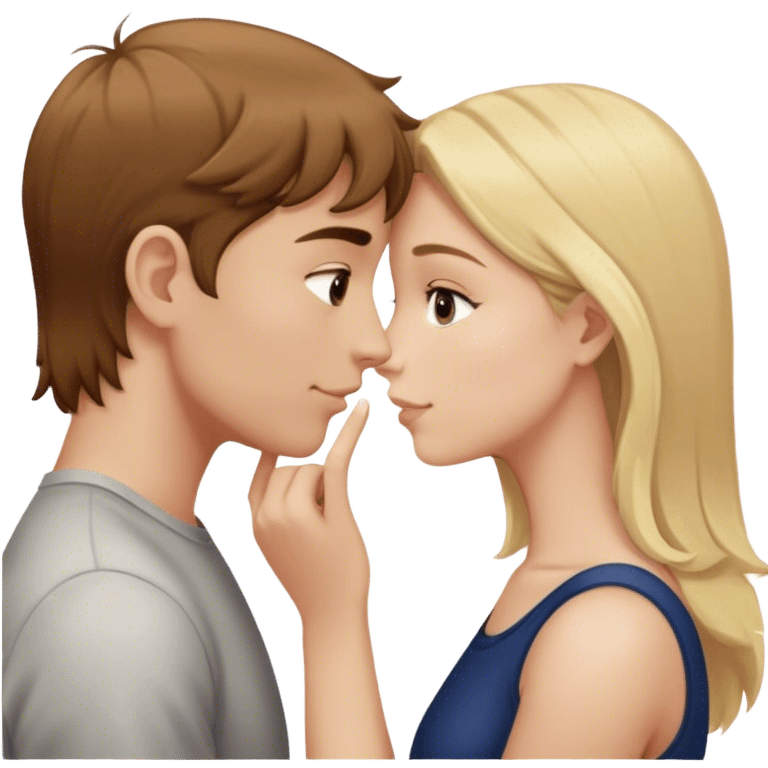 A white girl with brown hair and a white boy with blonde hair touching noses emoji