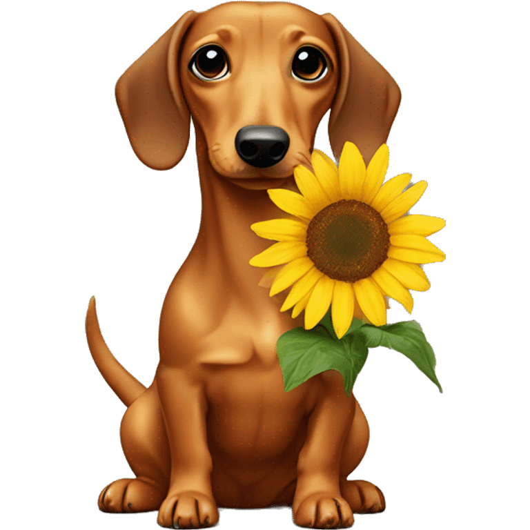 Tan dachshund holding sunflower ￼ emoji