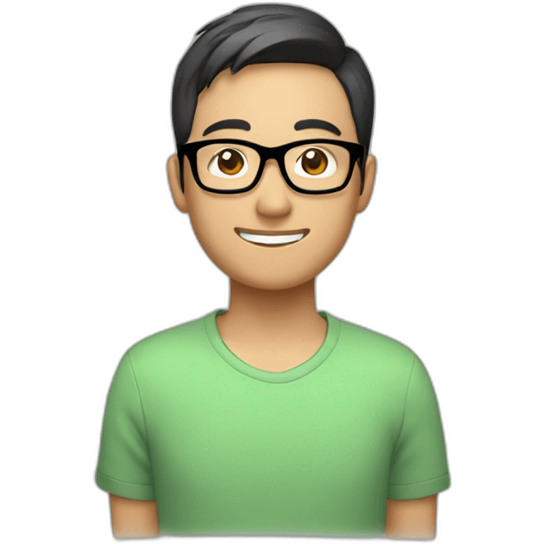 asian man, very short hair, large forehead, black frame glasses, smile, head to shoulder shoot  emoji