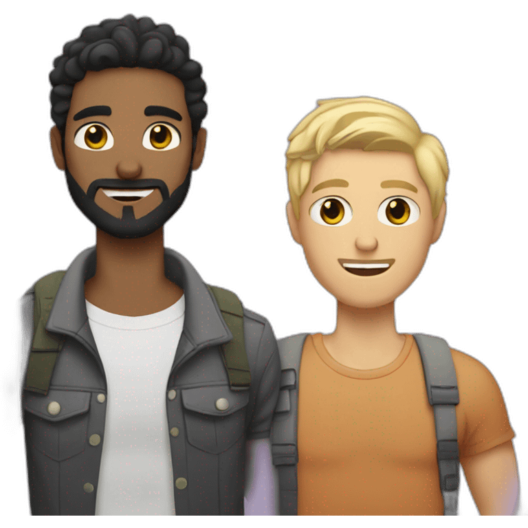 Gay male couple Latino Black hair and beard male and a male Australian blonde hair , with a cat in the middle emoji