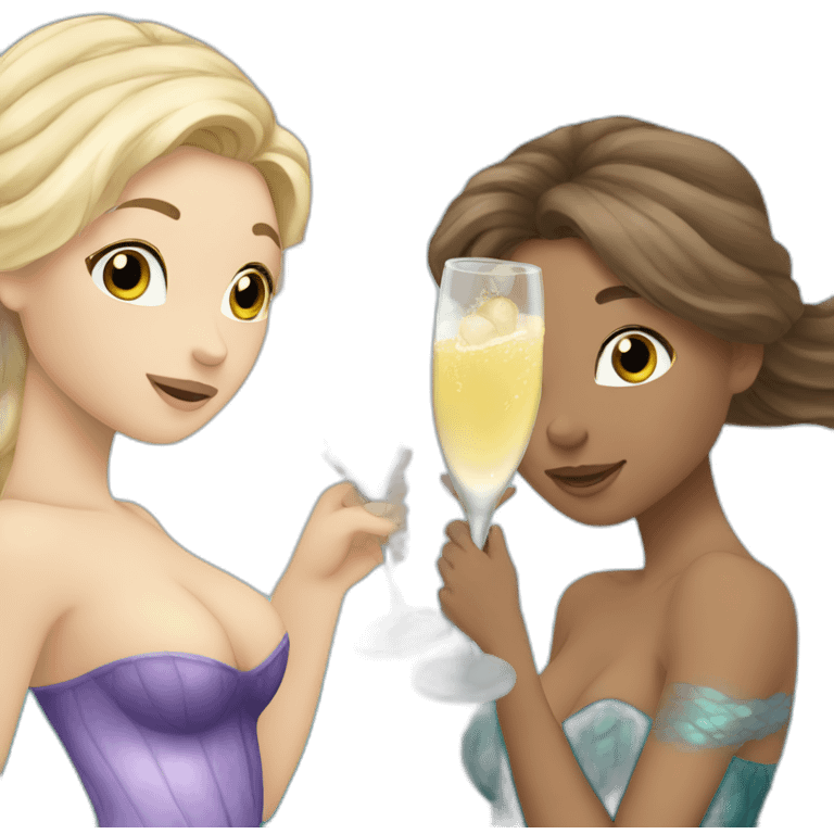 3 mermaids (two brown hair with brown eyes and blond one with blue eyes) drinking champagne emoji