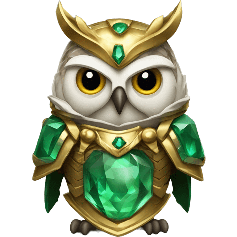 owl warrior wearing golden armor embedded with emerald jewels emoji