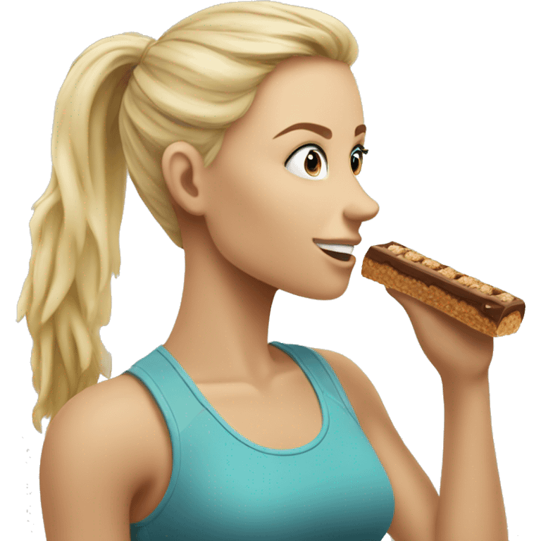 Side view realistic sporty blond girl eating protein bar  emoji