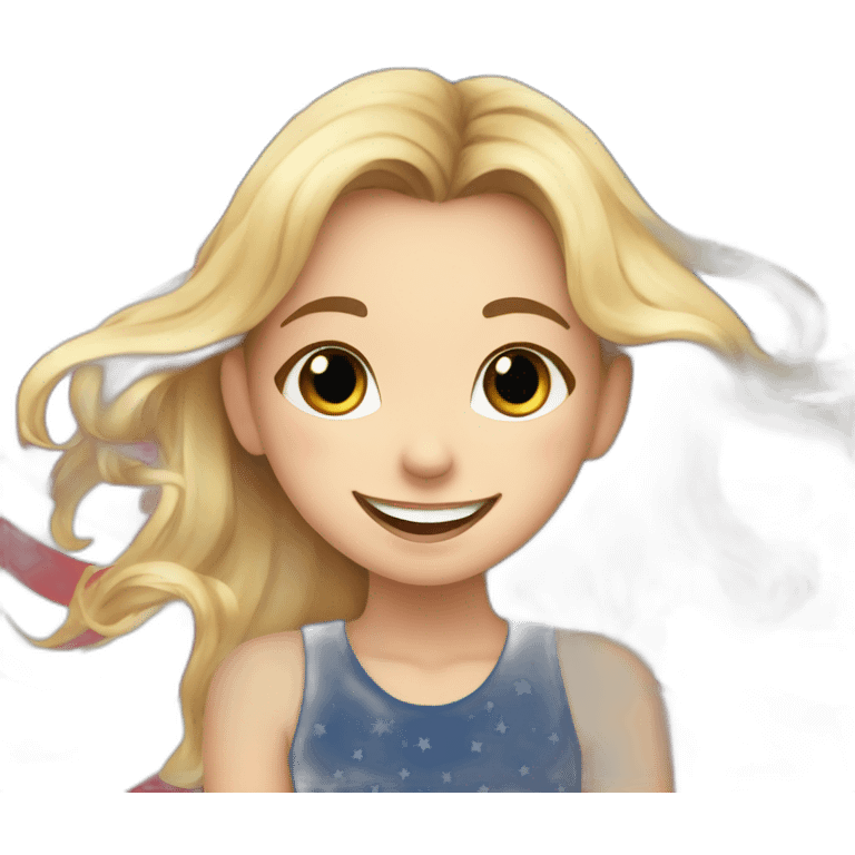 A joyful, happy girl with stars in her eyes, against the background of the US flag emoji