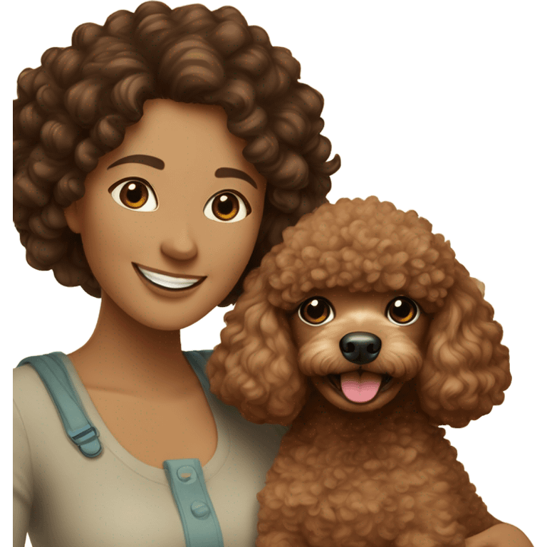 A mom with with brown curly hair and a brown daughter with black curly hair taking a photo and with the mom is holding a toy poodle dog  emoji