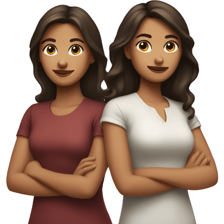 Brunette sisters standing back to back with arms crossed emoji