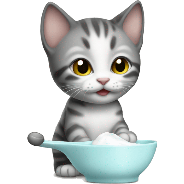 the kitten drinks milk from a spoon emoji