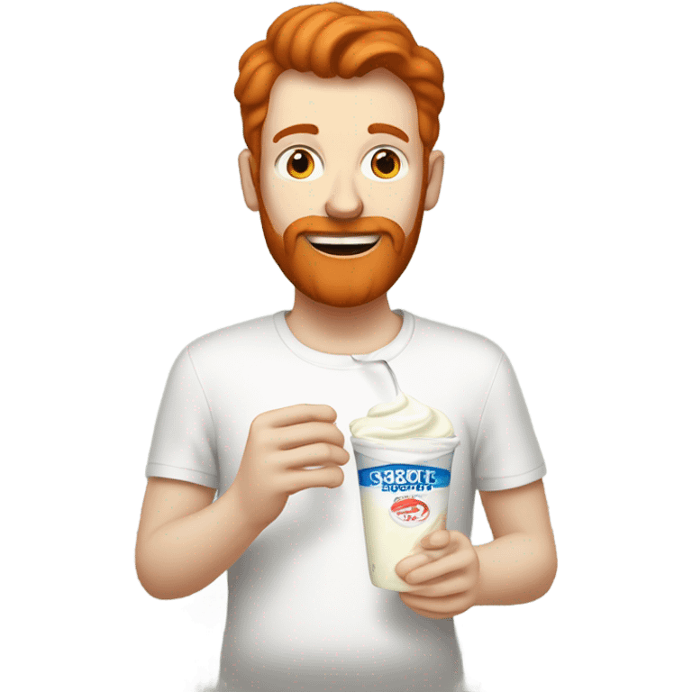 Tall white man short red hair and beard eating a vanilla yogurt from a long plastic baggie emoji