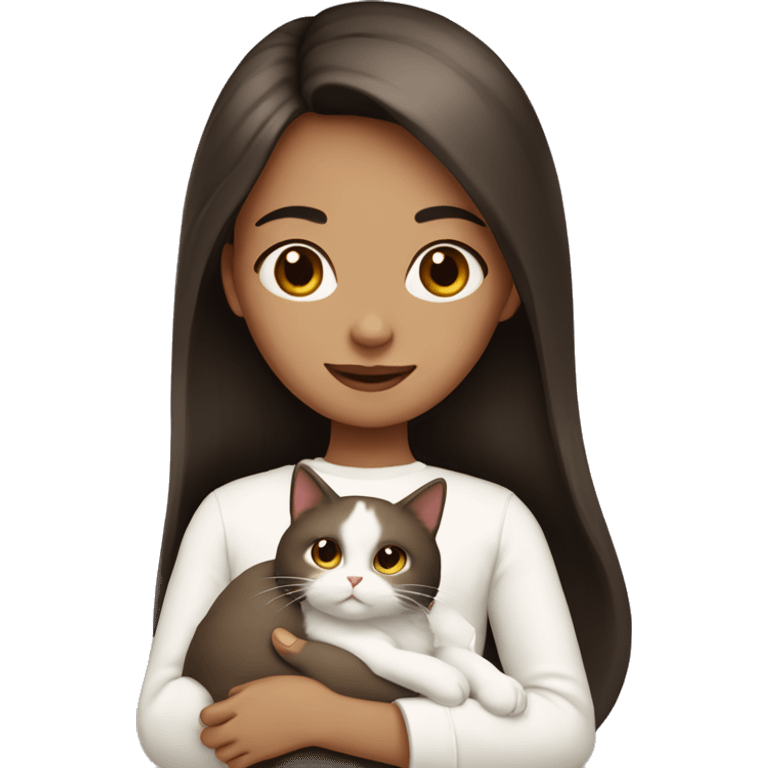 Dark brown straight hair girl holding white fluffy cat  emoji