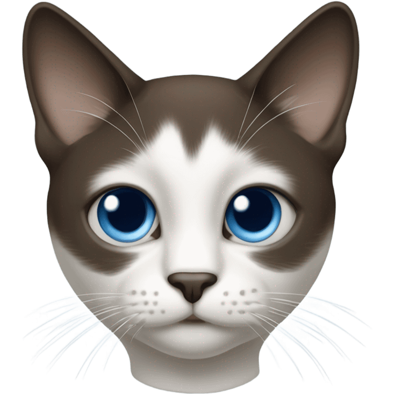 Snowshoe cat with small white patch on left side by nose, dark face and blue eyes emoji