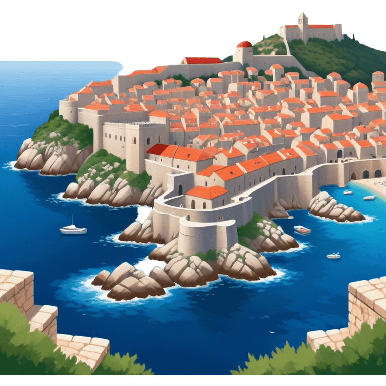 Dubrovnik – Cinematic Realistic Dubrovnik, depicted as a stunning coastal city with red-tiled roofs and ancient stone walls, set against the deep blue Adriatic Sea under warm Mediterranean light, rendered with rich textures that capture its enchanting beauty. emoji