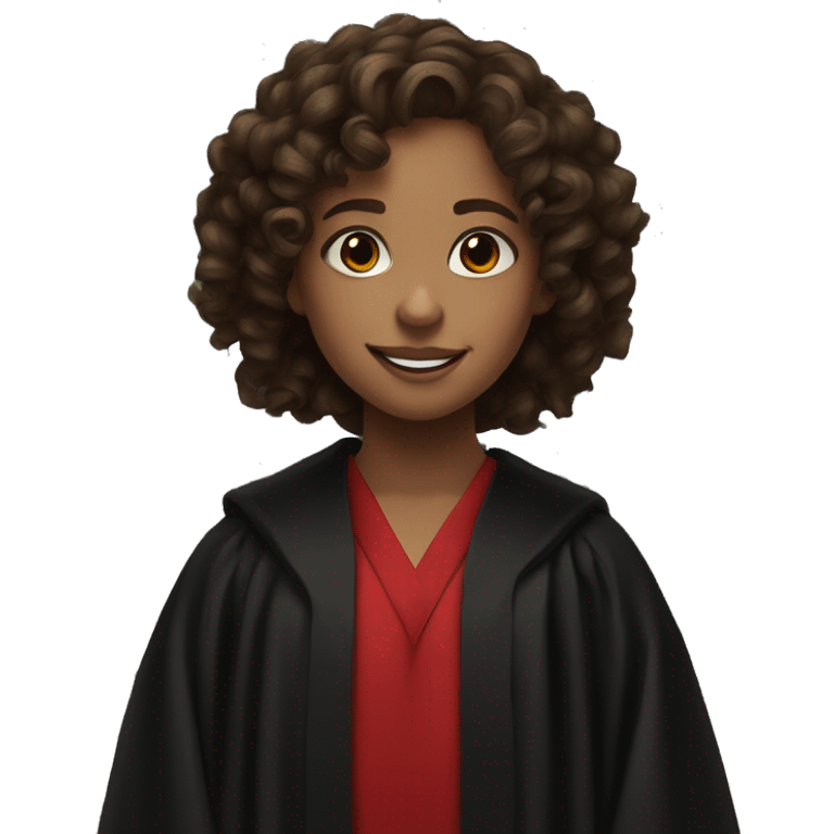 a young girl with curly brown hair, brown eyes, bigger front teeth, shes light skinned and dressed in a black robes with red tie emoji