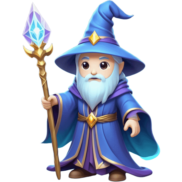 Clash of Clans aesthetic: Cinematic Playful Wizard Hero Emoji, rendered in a 3D vector-style similar to standard emojis with minimal shading and bold, simplified shapes. A compact, isometric figure draped in flowing enchanted robes and wielding a mystical staff, softly glowing with an arcane magical charm. Simplified yet unmistakably iconic, highly detailed and consistent, glowing with a soft radiant glow and high shine. Stylized with a touch of whimsical sorcery and a soft glowing outline, capturing the essence of a powerful wizard ready to cast spells with a friendly, playful spirit! emoji