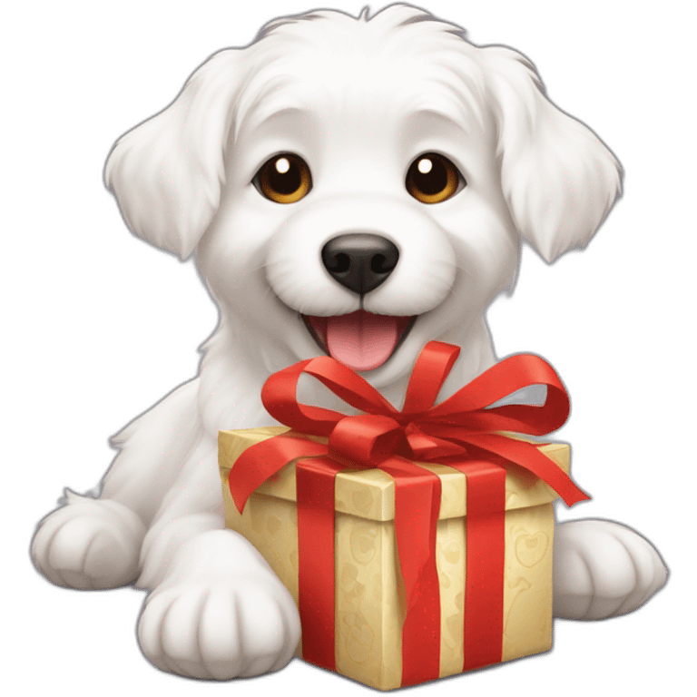 furry white happy dog with present emoji