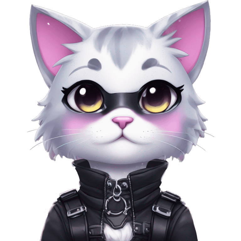 Gorgeous sparkly legendary gradient gothic dark techwear anime style anthro cat with blushing face aesthetic and pretty edgy black with collar and harness trending style emoji