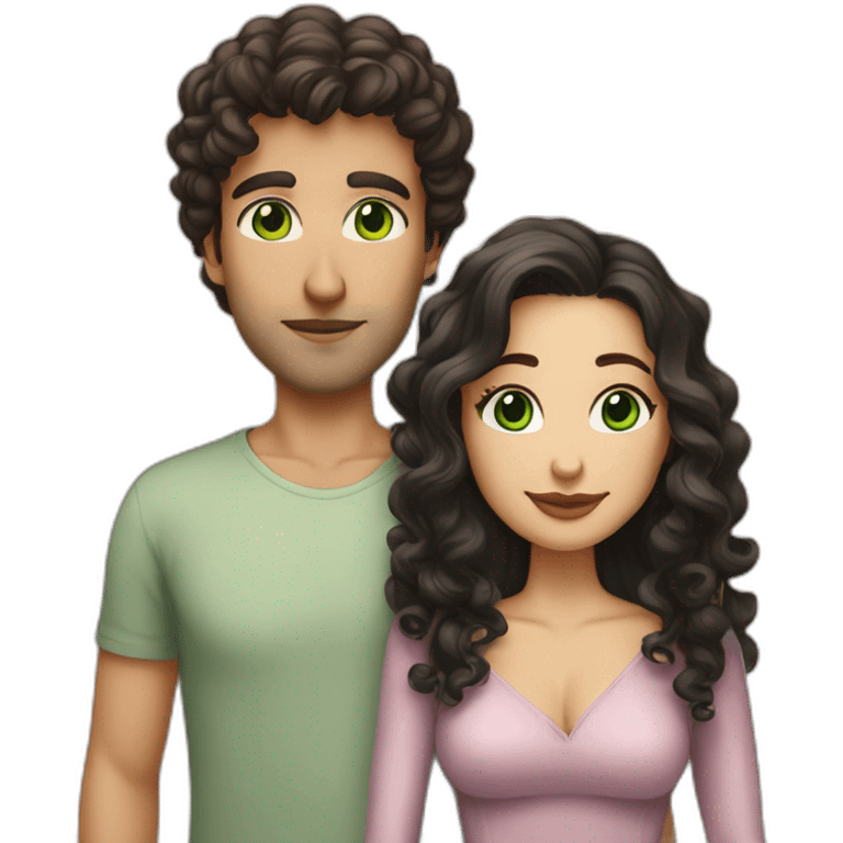 caucasian bald man with green eyes and a caucasian woman with long curly dark hair and brown eyes kissing emoji