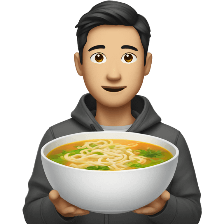 Handsome Asian man with noodle soup emoji