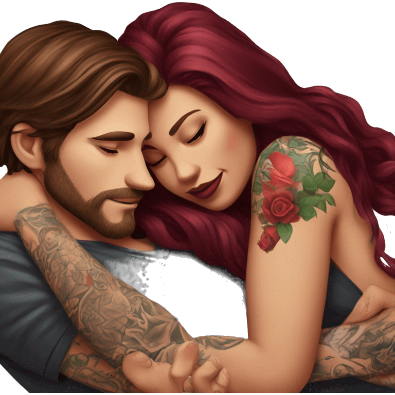 Beautiful tattooed burgundy long haired woman laying on the boyfriends chest emoji