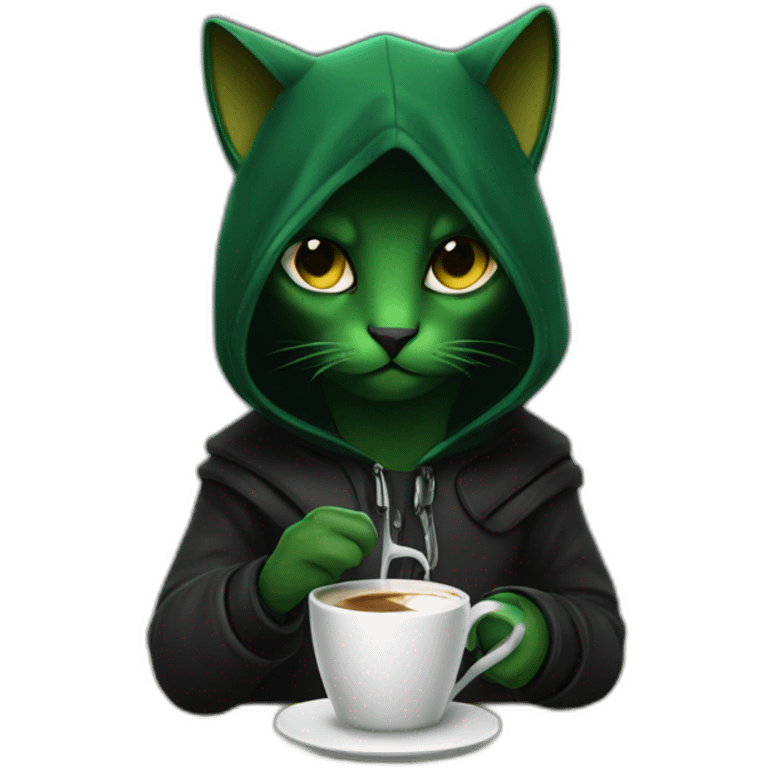 Green hooded black cat assassin sipping coffee emoji