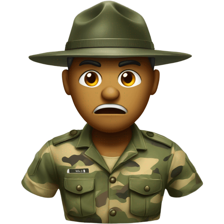 drill sergeant character wearing a classic sergeant hat and a camouflage army shirt. The character should have an angry intense expression. full torso emoji