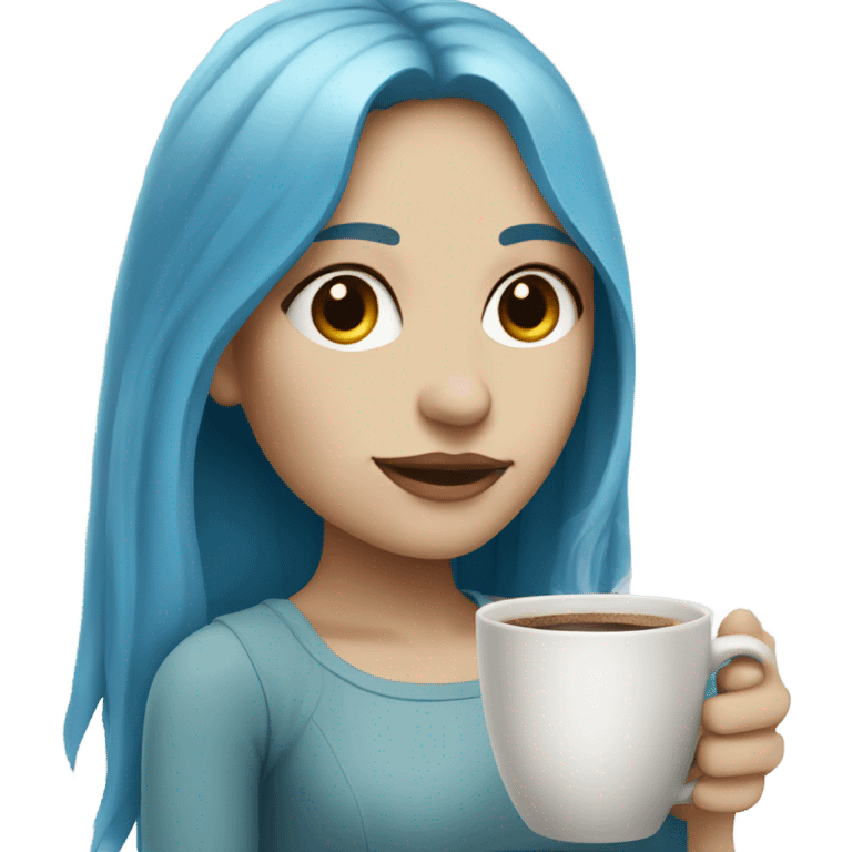 white skin girl with blue long hair drinking coffee emoji