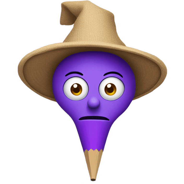 purple character with hat and big penci emoji