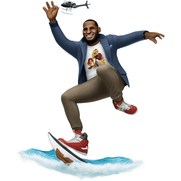 LeBron James jumping over a helicopter while surfing a shark emoji