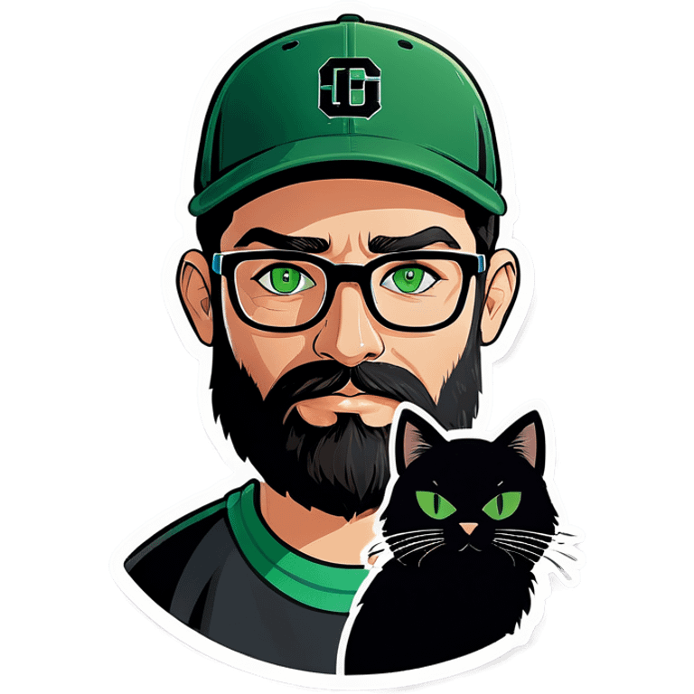 A bold man with a grey baseball cap, green eyes, big beard and glasses holding a black cat emoji