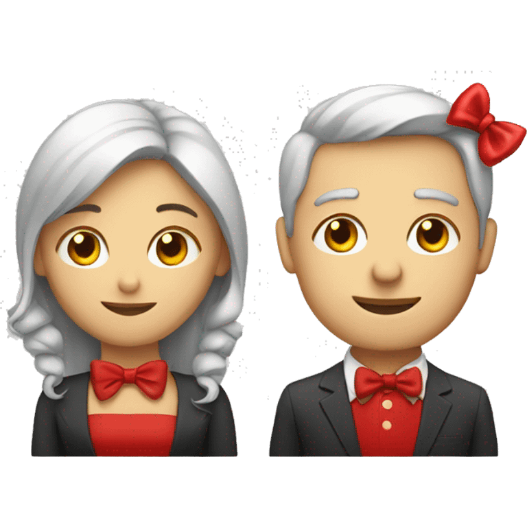 Two people, man and woman wearing a red bow emoji