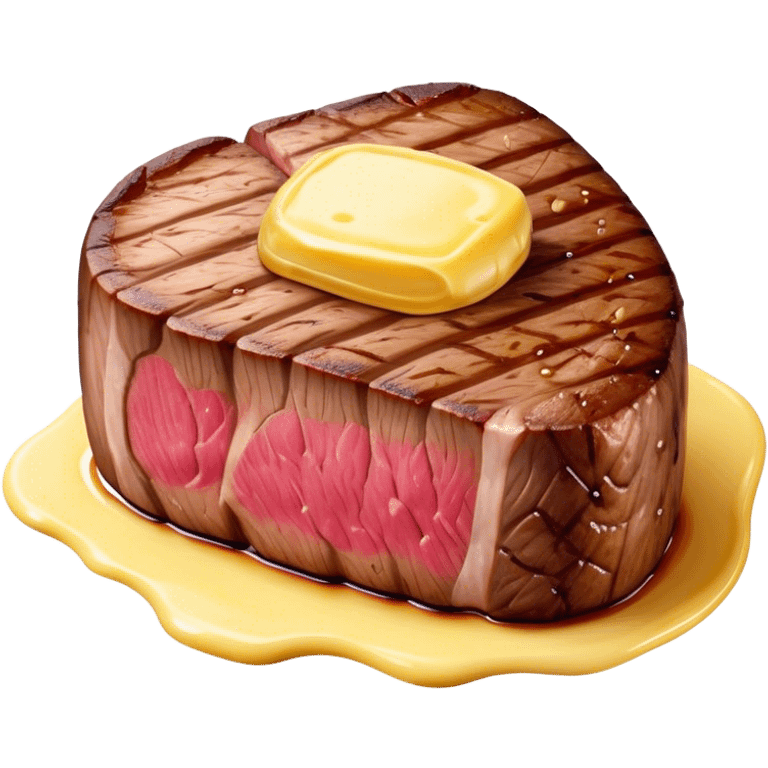 Cinematic thick-cut steak, perfectly seared with grill marks, a juicy pink center, butter melting on top, rich and savory, warm glow, sizzling and mouthwatering, highly detailed and appetizing. emoji