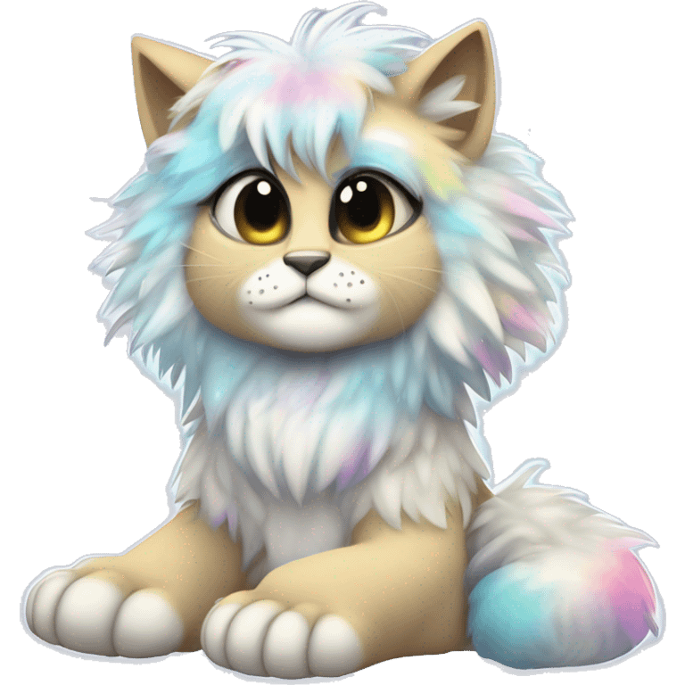 Furry, sparkle, iridescent, colorful, pastel, edgy, cool, fantasy beautiful, divine, godly, angelic, animal, anthro, full body, fursona, feline emoji