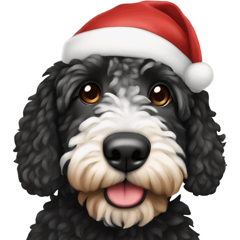 Black,white,tan bernadoodle in Santa hat emoji