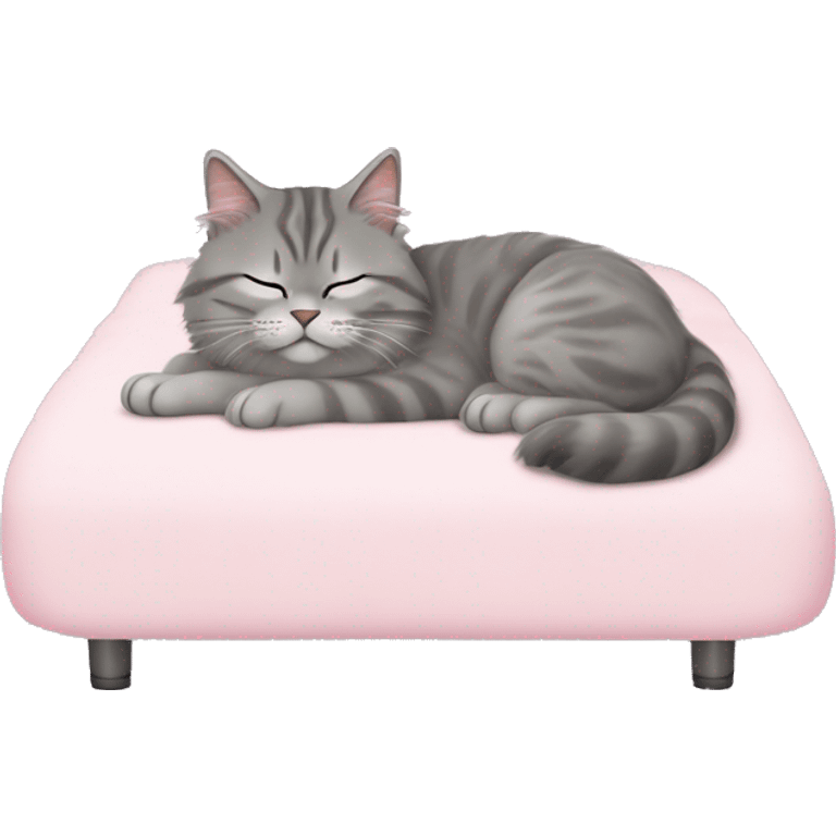 Gray siberian cat sleeping on light pink bed emoji