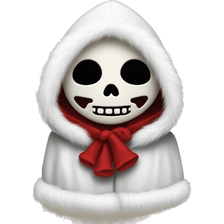 Cute, happy little skull wearing a red velvet hood with fluffy white fur trim. emoji