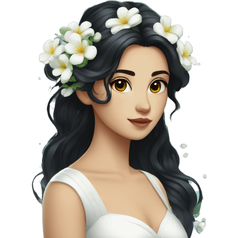 Pretty young Lady with black hair flowers in hair white dress surrounded by flowing water emoji