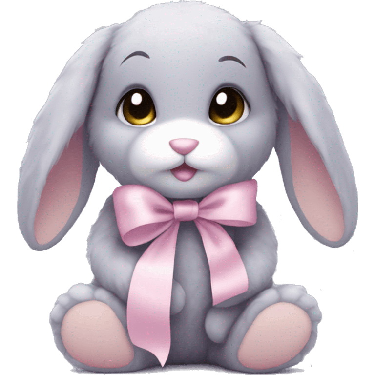 Lilac-grey matted bunny teddy, floppy, with pale pink ribbon emoji