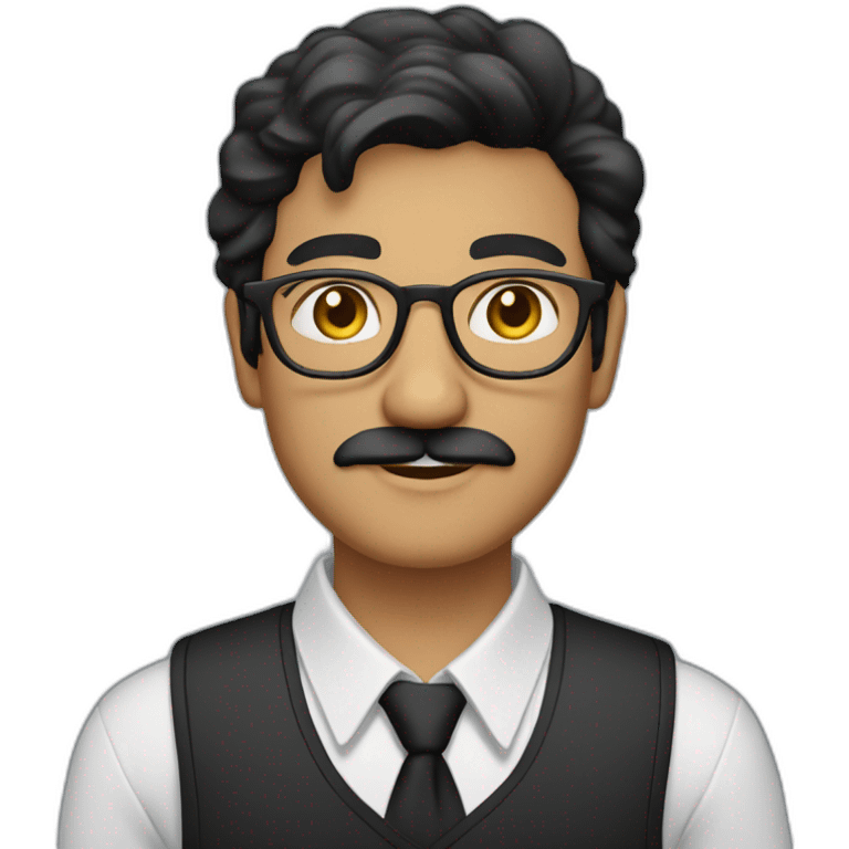 a light skin Pakistani man, wearing round glasses, short moustache, black hair, collared shirt, structured manly face emoji