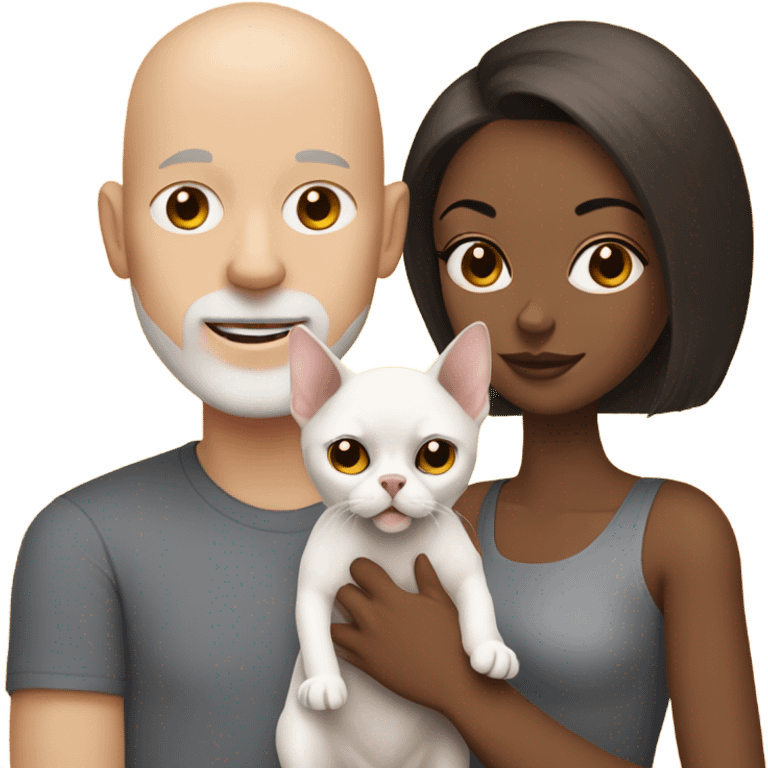 White, bald man is holding a grey, small sphinx cat and woman with dark, straight hair is holding orange, fluffy Pomeranian dog emoji