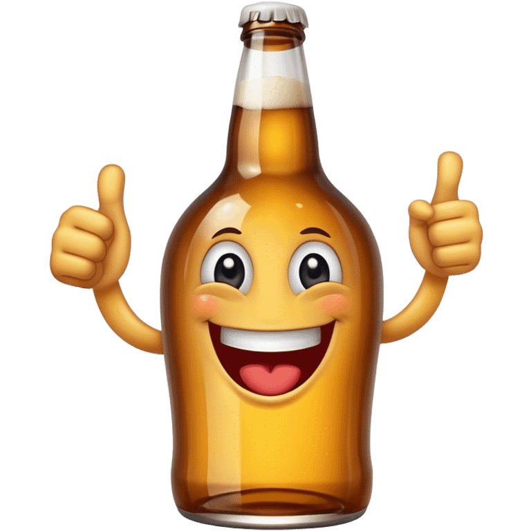 A beer bottle with a big smile and expressive eyes giving a thumbs-up emoji