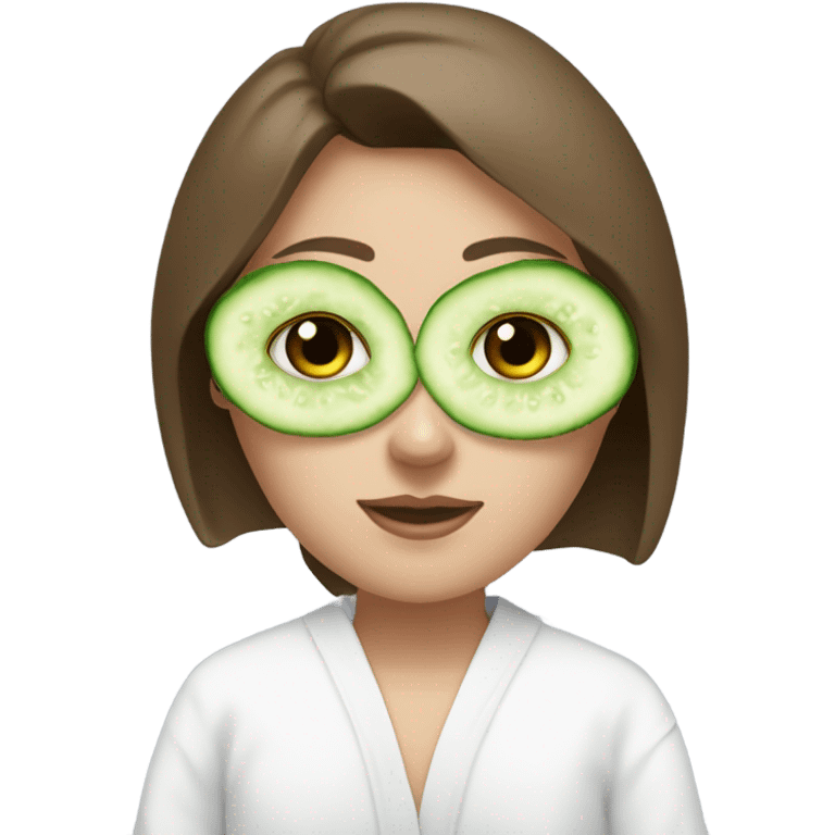 White girl with Brown hair and blue eyes wears a Green colored mask clay textured mask and puts on cucumbers around her eyes while She relaxes in her white Robe emoji