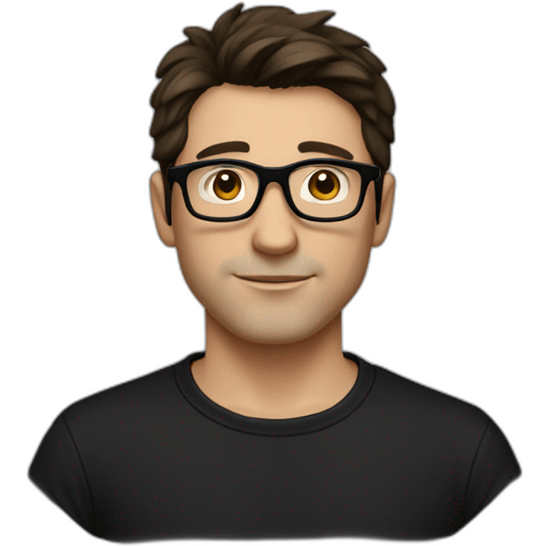 a slim white man with messy short dark brown hair, with a black t-shirt, black rectangular glasses emoji