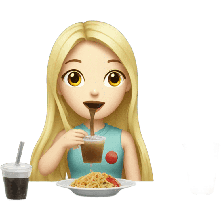  Blonde long hair girl eating Korean food and drinking boba emoji