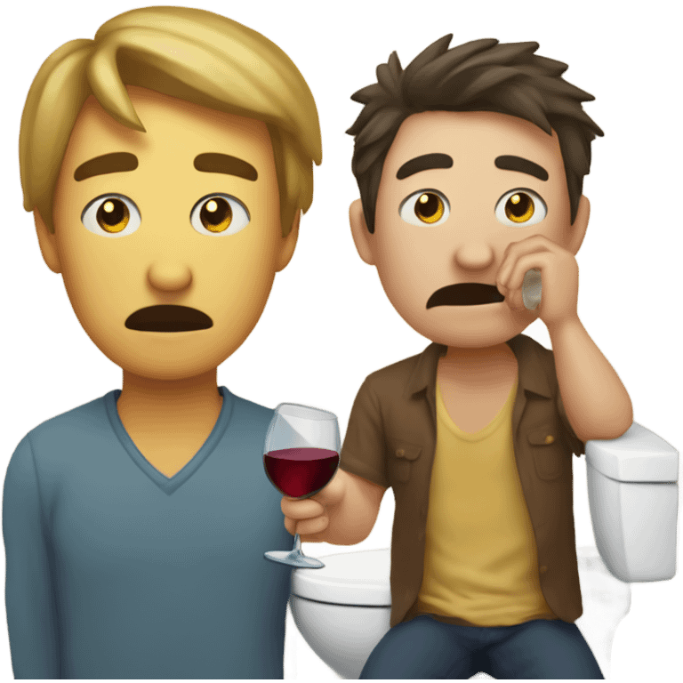 Man crying while holding a wine glass while his friend is on the toilet next to him emoji